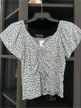 Japna Blue and White Floral Drawstring Scoop Neck Blouse